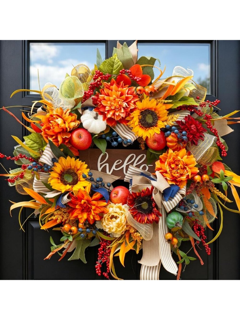24" Autumn Harvest Wreath for Front Door | Sunflower & Apple Fall Decor